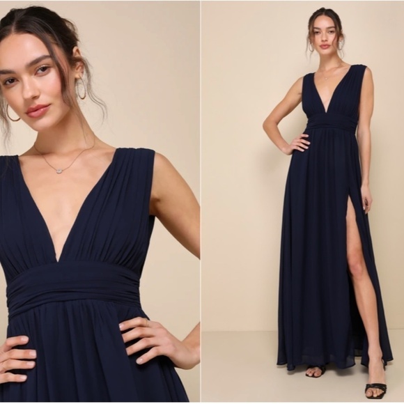 LULU's Prom Wedding Bridesmaid Flowy Romantic Heavenly Hues Navy Maxi Dress - Picture 4 of 4